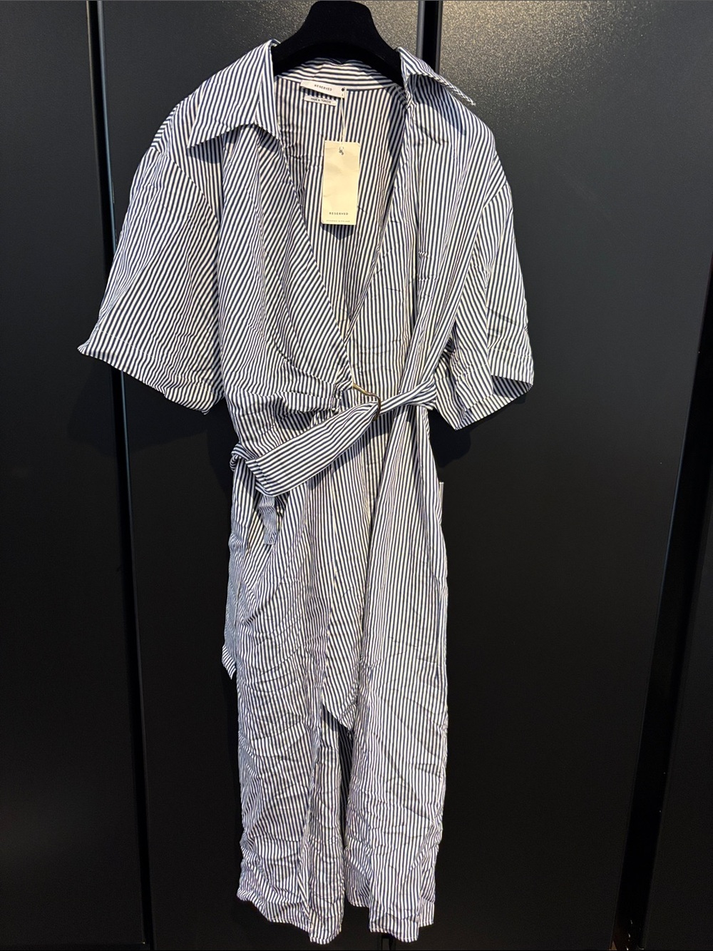 Reserved Blue & White Striped Maxi Shirt Dress with Tie